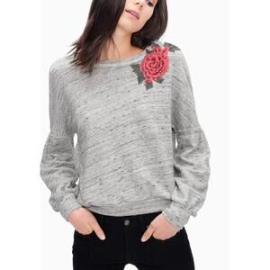 Splendid Rose Embroidered Sweatshirt Gray Slouchy Balloon Sleeve Small Cottage